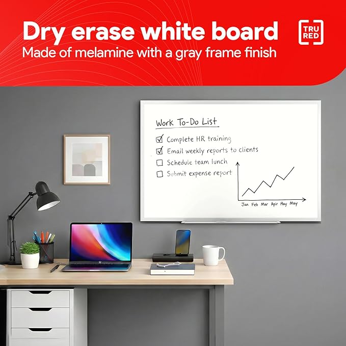 TRU RED Melamine Whiteboard | Dry Erase Board for Wall, White Board with Gray Aluminum Frame, 3 ft x 2 ft