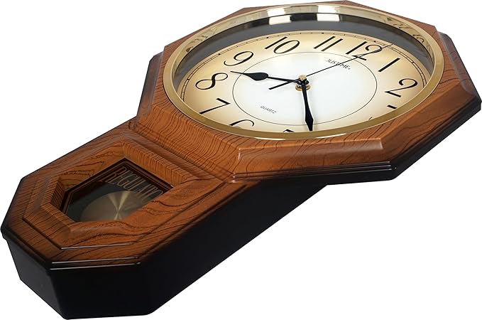 JUSTIME Traditional Schoolhouse Gradient Arabic Regulator Wall Clock, Chiming Wall Clocks with Pendulum & Westminster Chime Hourly, Schoolhouse Wall Decor Battery Operated (Light Wood Grain)