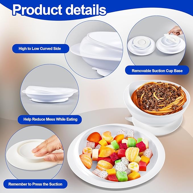 Hushee Adaptive Spill Proof Scoop Bowl and Plate Set with Suction Base Non Skid Self Feed Dinnerware for Elderly Disabled Handicapped from Parkinsons, Dementia, Stroke, Tremor(3 Sets,White)