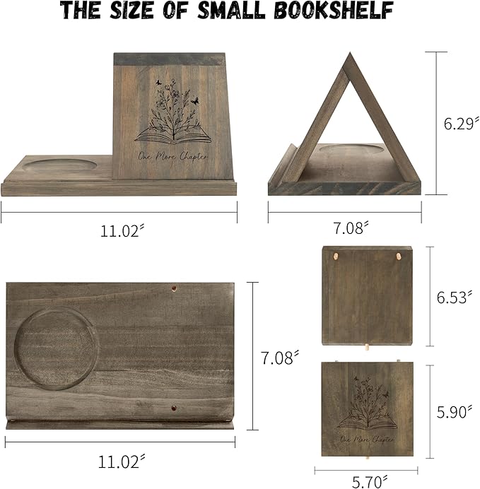 Wooden Book Holder with Drink Holder, Wooden Triangle Bookmark Reading Rest with Slotted, Book Display Bookmark Book Holder Decor for Coffee and Book Lover Gifts (Greenish Gray)