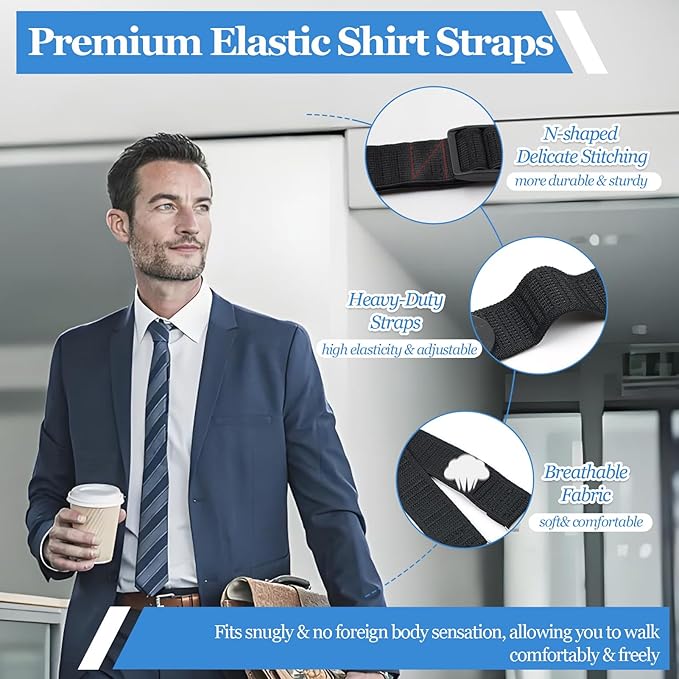 STAY GENT Y-Style Shirt Stays For Men with Non-Slip Locking Clamps and Adjustable Elastic Straps