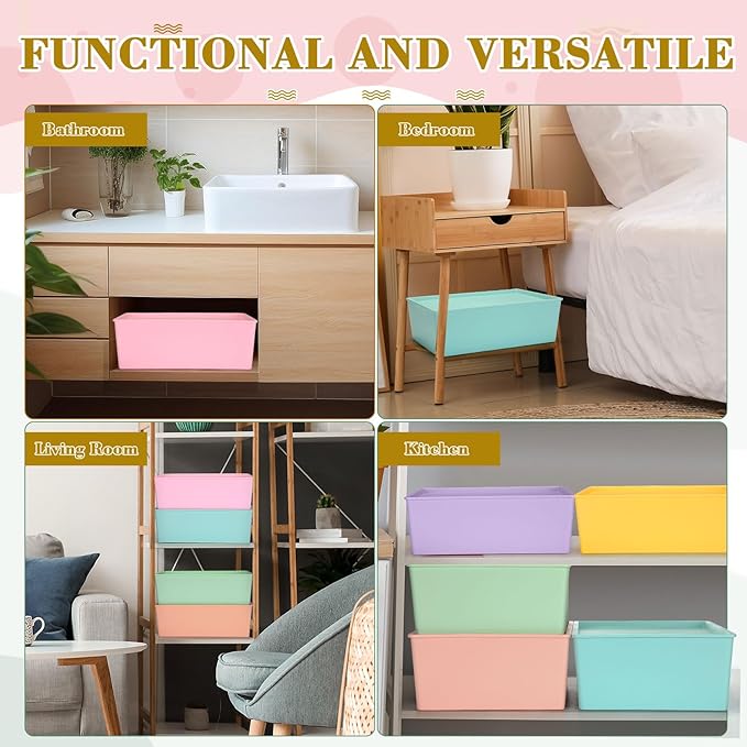 Menkxi 6 Pcs Large Plastic Storage Bins with Lids 14.4 x 10.4 x 5.1 Inch Stackable Storage Containers Decorative Cubby Organizer for Clothes Shelves Garage Closet Office (Mixed)