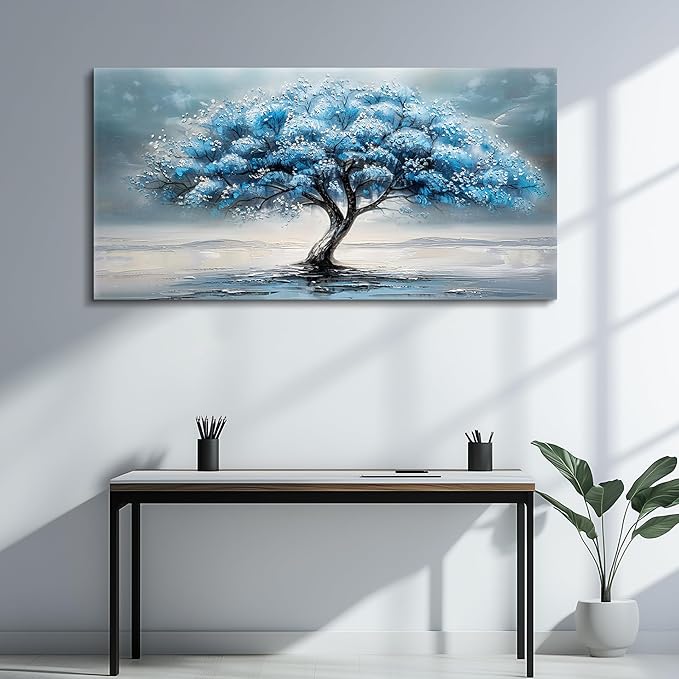 FUHAIHUA Canvas Wall Decor For Living Room Wall Art For Bedroom Large Size Office Decorations Blue Tree Paintings Abstract Wall Pictures Artworks ReadyTo Hang Dormitory Home Decoration 20"X40"
