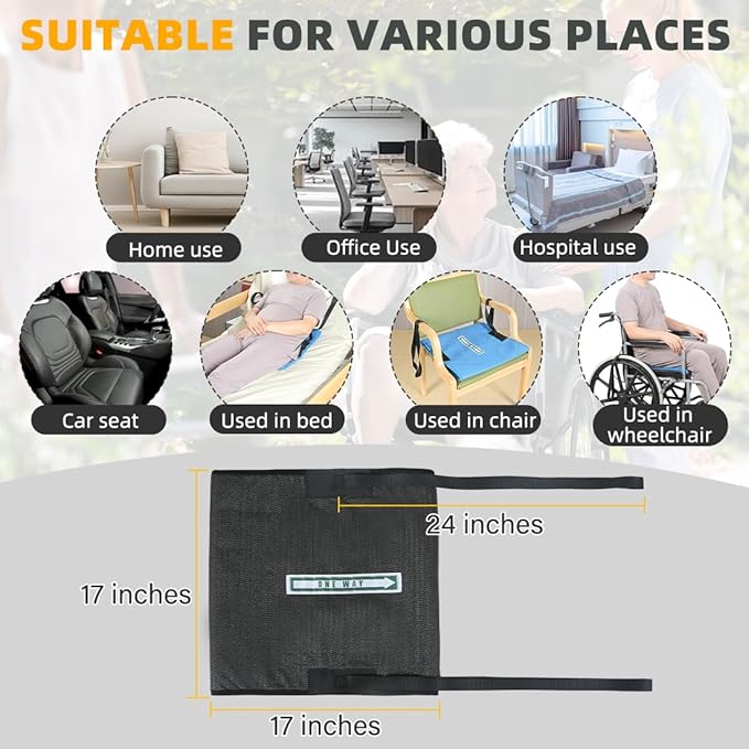 One Way Transfer Support Tubular Seat Cushion, Fall Prevention for Eldery in Chair or Wheelchair, Excellent Non-Slip Seat Cushion in Car Seat and Office Chair (Black, with Handles(17"x17"))