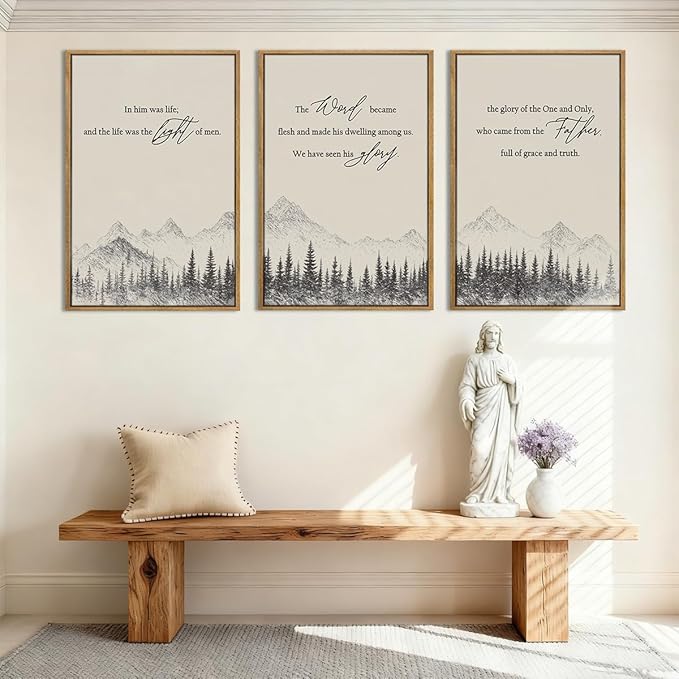 IARTTOP Large Christian Framed Wall Art 16x24 Inch Neutral Mountain Forest Canvas Wall Decor Jesus Bible Verse Catholic Biblical Scripture Prints for Prayer room Living room Set of 3