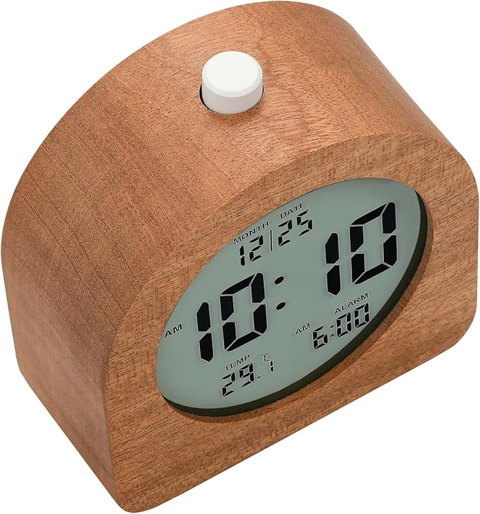 Plumeet Wooden Digital Alarm Clock for Bedrooms, Wood 4'' Battery Powered Alarm Clock with Snooze and Nightlight, Electronic LCD Desk Clock Display Time, Date, Temp, 12/24H, Wood Décor, Round, Sapele