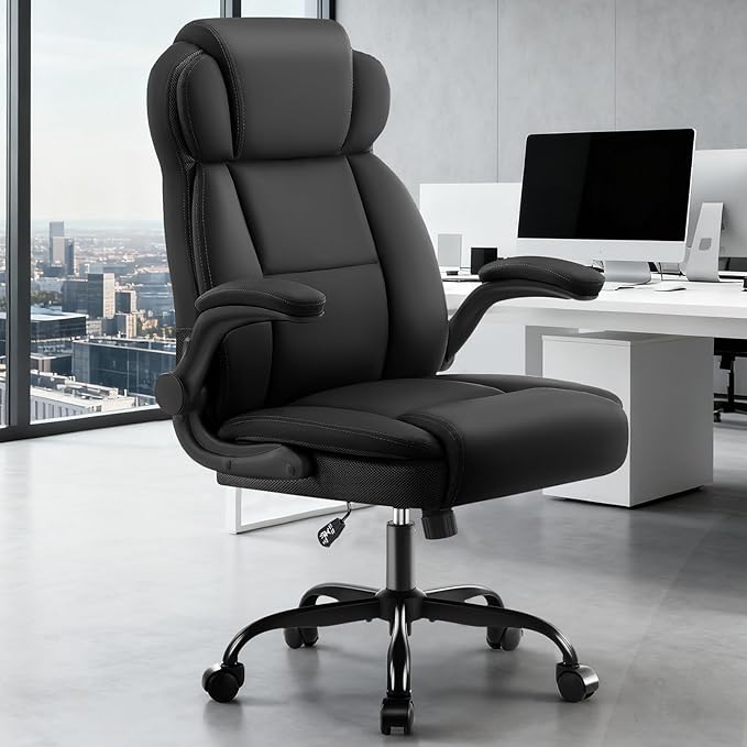 Ergonomic Office Chair with High Back Headrest, PU Leather Executive Desk Chair - Padded Flip-Up Armrests, Lumbar Support, Swivel Computer Chair for Home Office & Gaming, Black