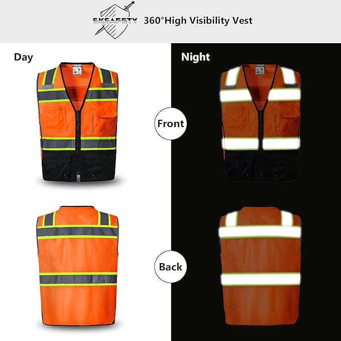 SKSAFETY 10 Pockets Professional level Safety Vest, Class 2 High Visibility Security Vest with Zipper, Hi Vis Vest with Reflective Strips, ANSI/ISEA Standard, Construction Work Vest（Orange Black, 3XL）