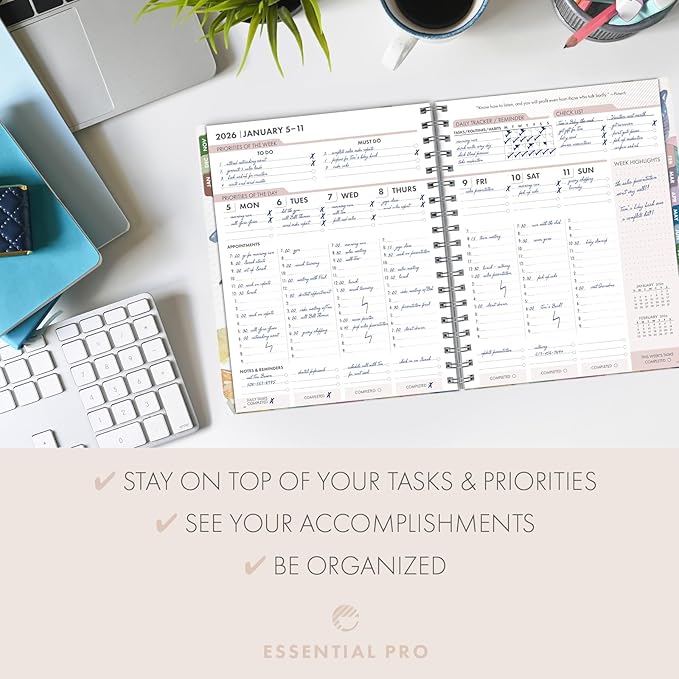 Essential PRO 2026 Daily, Weekly & Monthly Planner, 7"x9": 14 Months (Nov 2025 - Dec 2026) Monthly Tabs,Daily Tracking,Notes Pages,Storage Pocket,Bookmark w Sticky Notes (Watercolor Butterflies)