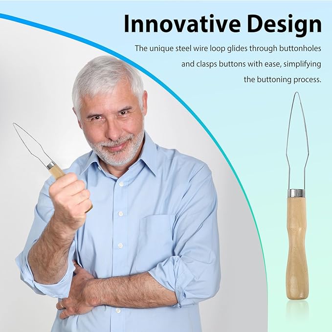 2pcs Button Hook Assist Device with Easy-Grip Wooden Handle for Shirts, Coats, Dresses - Ideal Button Aids for Arthritis & Limited Dexterity