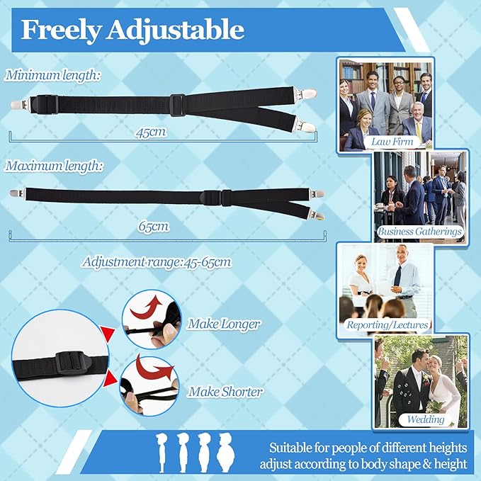 STAY GENT Y-Style Shirt Stays For Men with Non-Slip Locking Clamps and Adjustable Elastic Straps