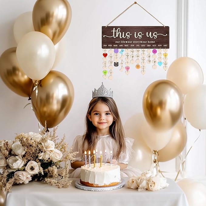 Family Birthday Calendar Board Wall Hanging with Tags, Family Birthday Plaque with Tag Wooden Memory Days Reminder Wall Hanging Home Décor Wood Anniversary Tracker with 104 Tags, Valentines Day Christmas Gifts for Lovers Friends (THIS IS US)