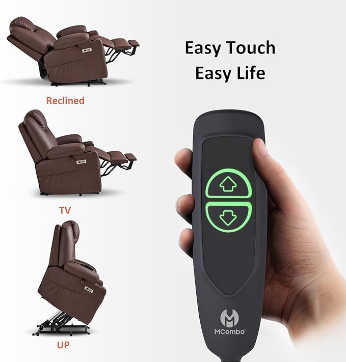 MCombo Power Lift Recliner Chair for Elderly, Lift Chair with Heat and Massage, FSC Certified, USB Ports, Cup Holders, Faux Leather 7141 (Light Brown, Small)