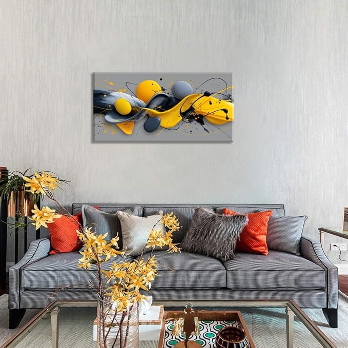 Yellow Abstract Splash Pigment Wall Art for Bedroom Canvas Painting Prints Dynamic Art Deco Gray Vibrant Artwork Office Family Decor