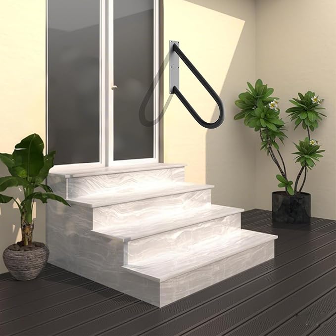 Handrails for Outdoor Steps Wall Mount, Railings for 1-2 Steps, U-Shaped Handrail with Matte Black Finished, Stair Handrails for Garage, Porch, Yard and Garden (18" Length, 1.25" Pipe)