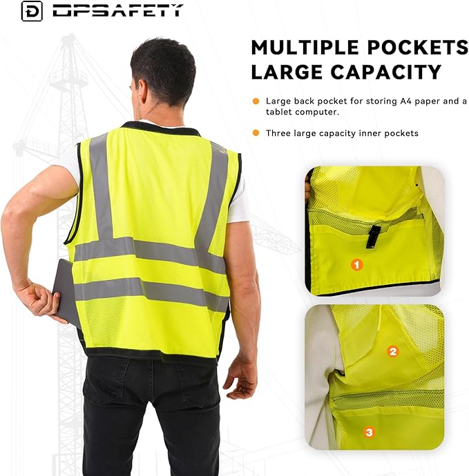 Reflective Safety vest With back plan pocket,High visibility Class 2 Heavy Duty Surveyor Vest with Zipper,Hi Vis Construction Work Vest for Men＆Women ANSI/ISEA(Yellow-Bottom,3XL)