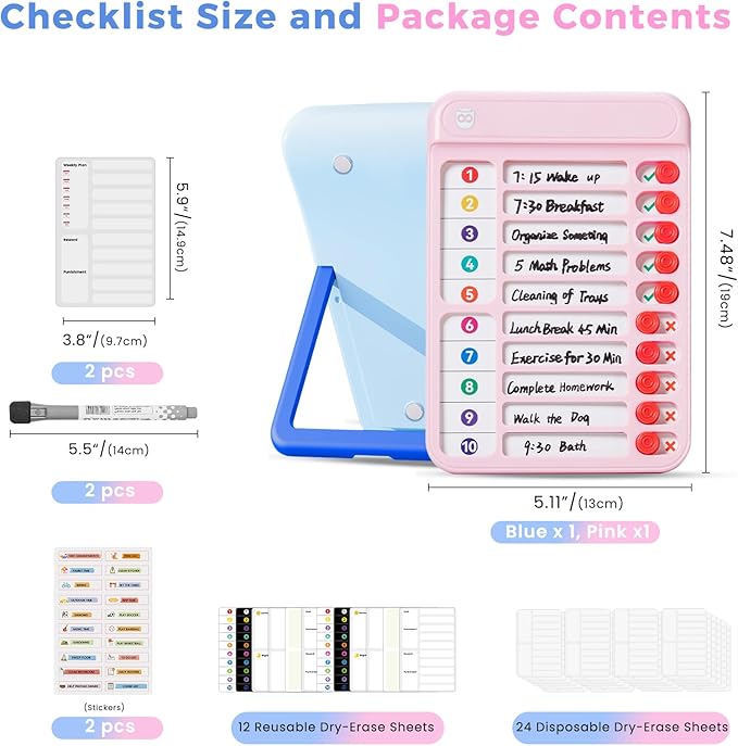 Magnetic Chore Chart for Kids, ADHD Tools for Kids to Do List Check List Chart Board Routine Chart, Visual Schedule for Fridge, Home with 10 Sliders and Magnetic Marker - (Blue+Pink)