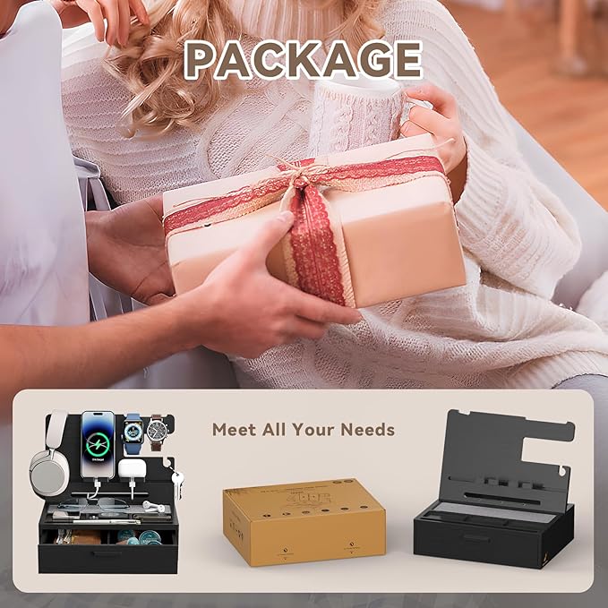 Pezin & Hulin Wooden Charging Station, Bedside Nightstand Tray, with Spacious Drawer, Felt Pads for Phones, Watch, Idea Gifts for Him Birthday, Son, Christmas for Papa Fathers Day