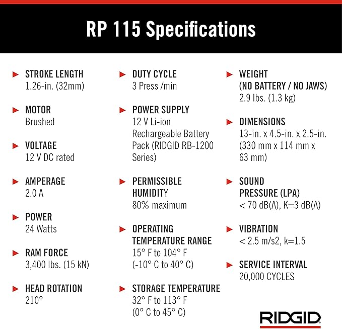 RIDGID 72553 Model RP 115 Mini Press Tool and Battery Kit with 1/2" to 3/4" ProPress Press Tool Jaws, 2V Li/Ion Battery, 12V Charger, and Carrying Case , Red