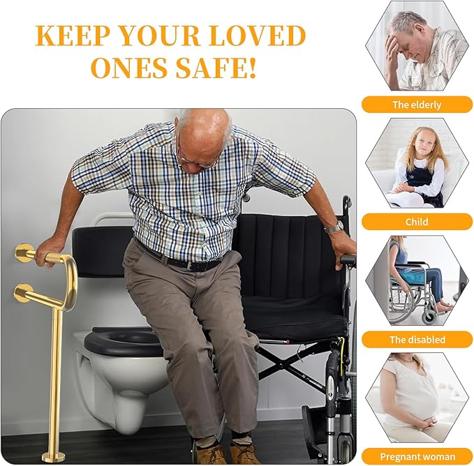 Toilet Grab Bar 31.3 Inch with Leg, YuanDe Wall Mounted Safety Bar, Brushed Gold Stainless Steel Anti-Slip Bathroom Support Rail for Elderly, Disabled, Handicap, Seniors, Injury Recovery