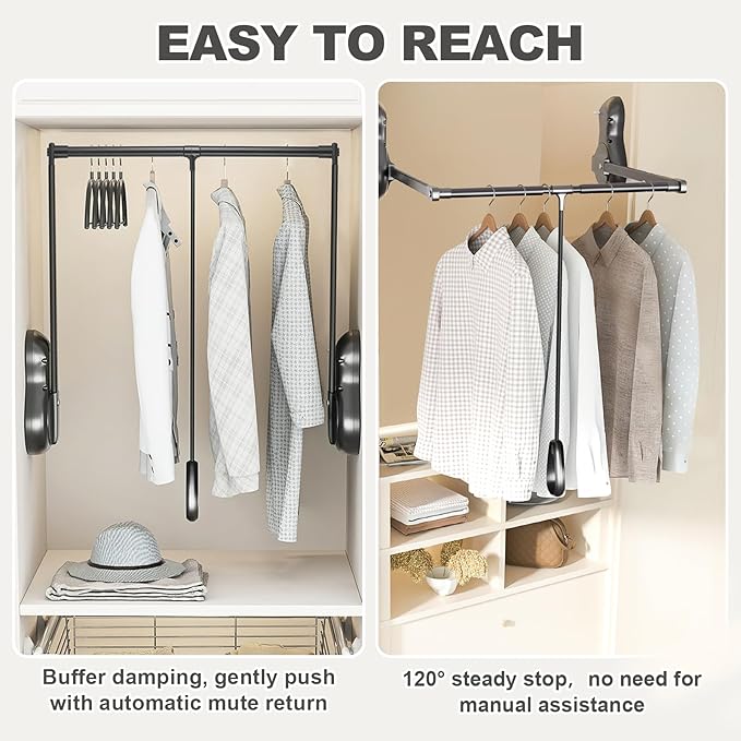 YJINGRUI Pull Down Closet Rod, 120° Pull-down Wardrobe Hanger with Lift Damping System, 55lb Adjustable Clothing Rack for Cloakroom/Bedroom/Balcony (25.6"-33.4")