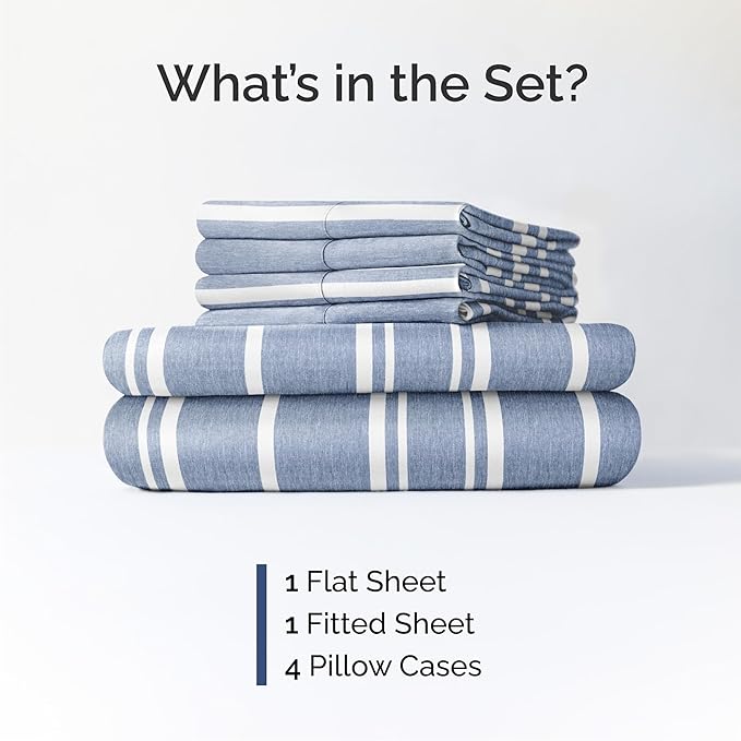 Cal King 6 Piece Sheet Set - Cooling and Breathable Bed Sheets - Hotel Luxury Bed Sheets for Women, Men, Kids & Teens - Deep Pockets - Easy Fit - Soft and Wrinkle Free - Cal King Blue Stripes Sheets