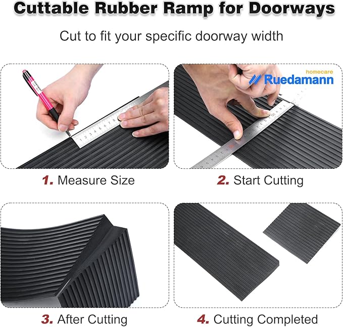 Ruedamann 1.6" Rise Threshold Ramp for Doorways, Sturdy Rubber Threshold Ramp, Non-Slip Power Door Ramps for Wheelchairs is Adjustable and Cuttable for Doorways,Curb, Scooters, Driveways