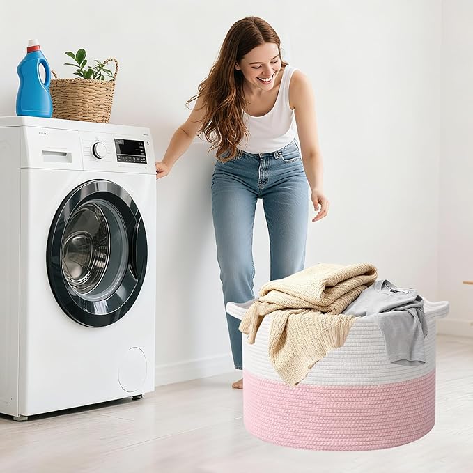 Large Storage Basket with Handle,23.6" x 23.6" x 15.7" Blanket Basket Storage Bins for Organizing,65L Cotton Rope Woven Baskets for Living Room, Nursery ,Bedroom,White&Pink