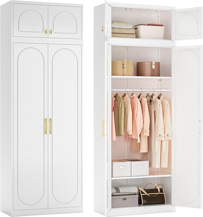 Armoire Wardrobe Closet with Hanging Rod, 86 Inch Tall Metal Wardrobe Cabinet, Metal Armoire with Doors, Large Freestanding Wardrobes for Bedroom, 18"D x 32"W x 86"H, White, Assemble Required
