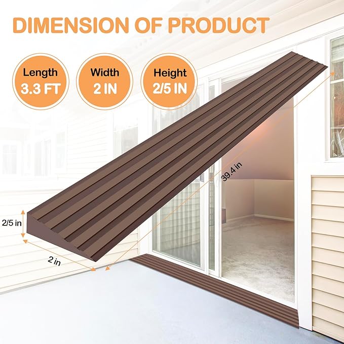 Threshold Ramps for Doorways Self-Adhesive Rubber Ramps for Door Threshold Rubber Door Threshold Ramp for Wheelchair Stroller Scooter Reducer Ramp (Brown, 2” Wide x 3.3' Long)
