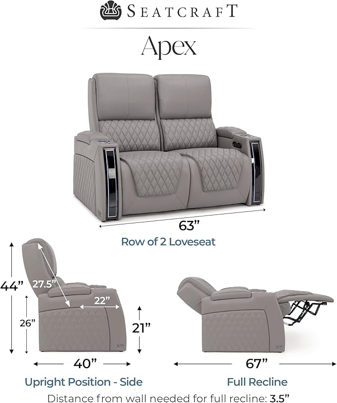 Seatcraft Apex Zero-Gravity CoolZero Italian Leather Home Theater Seating, Powered Headrest, Powered Lumbar, Powered Recline, Row of 2 Loveseat, Gray