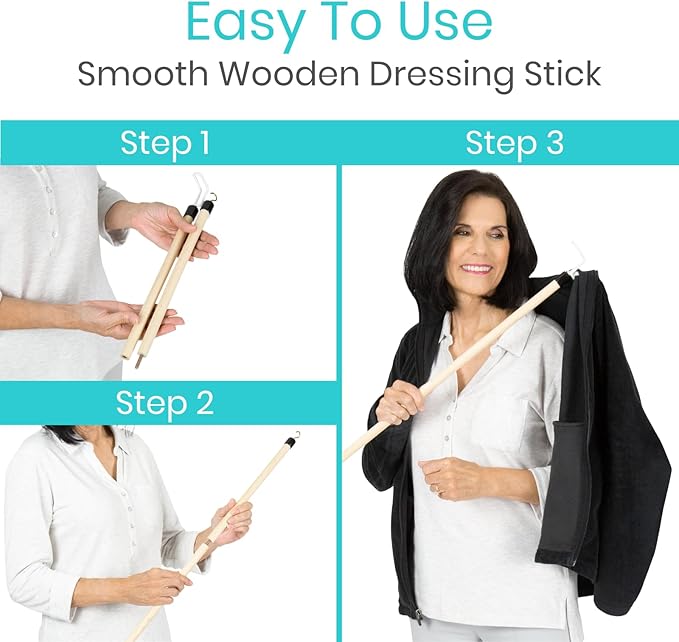 Vive Dressing Stick for Elderly (27”) - with Zipper Puller & Sock Remover Tool - Aid for Pants - Accessories for Daily Living, Assistant Device No Bending for Seniors - After Shoulder Surgery Helper