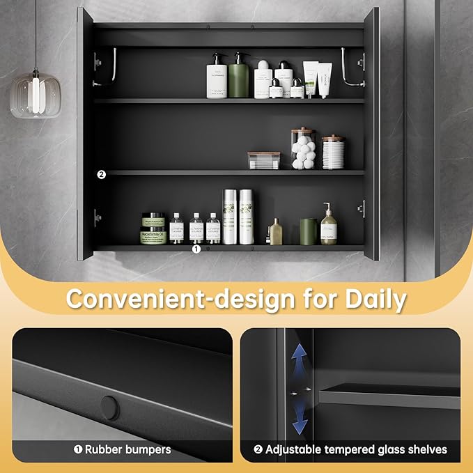 20"X30" Bathroom Medicine Cabinet with Mirror, LED Lighted Medicine Cabinet with Anti-Fog, 3 Colors Temperature Stepless Dimmable, Metal Cabinet for Storage and Mordern Decor, Black