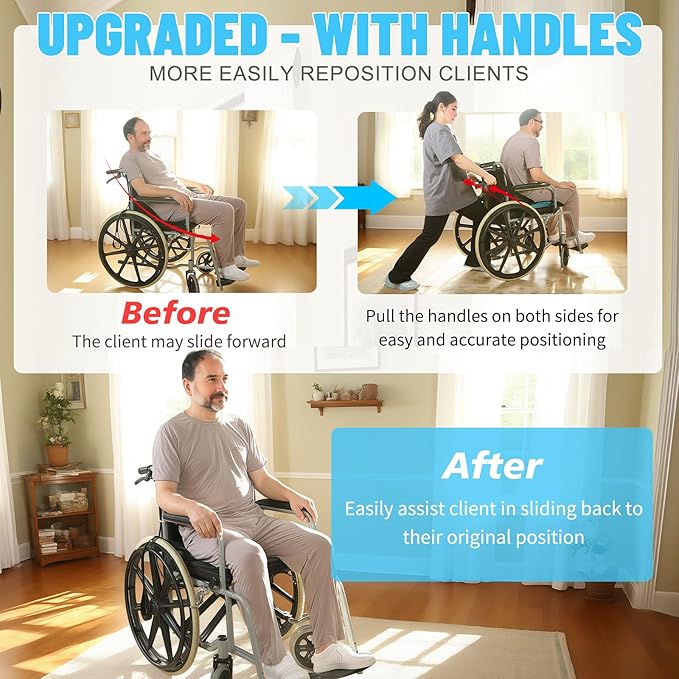 One Way Transfer Support Seat Cushion with Handles - Non-Slip Fall Prevention Pad for Elderly/Disabled Use on Wheelchairs, Chairs, Beds, and More - 17"x17"