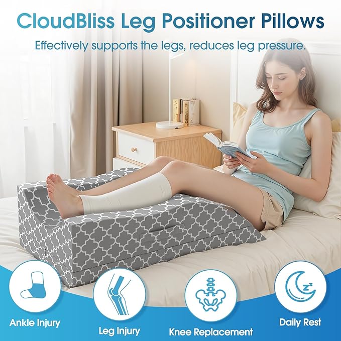 CloudBliss Adjustable Leg Elevation Pillow After Surgery, Memory Foam Wedge Pillow for Blood Circulation & Swelling, Leg Elevating Pillows for Back Knee Hip Ankles Pain, Rest(Grey, Double)