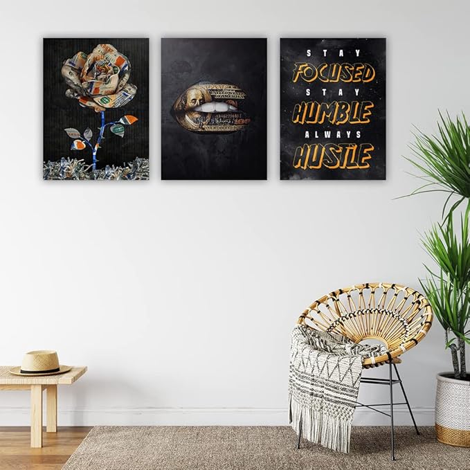 Motivational Canvas Painting Wall Art Flower Landscape Hustle Grind Inspirational Wall Art 3 Pieces Canvas Prints Framed Entrepreneur Poster Positive Quotes Wall Poster for Home Office Wall Decor