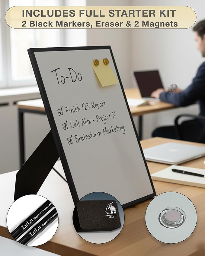 Magnetic Dry Erase Whiteboard 12x16 with Stand – Single-Sided Desktop White Board with Black Aluminum Frame – Includes Markers, Eraser & Magnets for Home, Office or Classroom