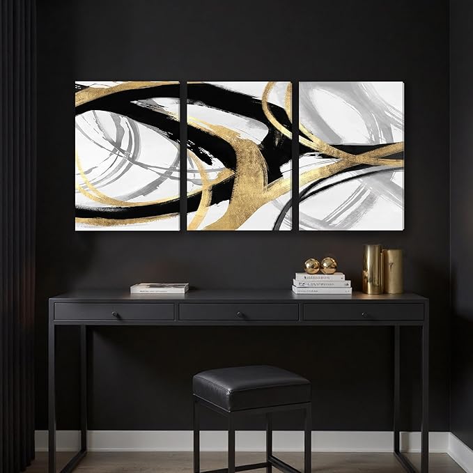 DUWQU 3 Piece Black and Gold Abstract Canvas Wall Art, Modern Black Gold and White Wall Decor, Spiral Brushstrokes Line Art Prints for Living Room Bedroom Office Home Decorations 12×16x3 In