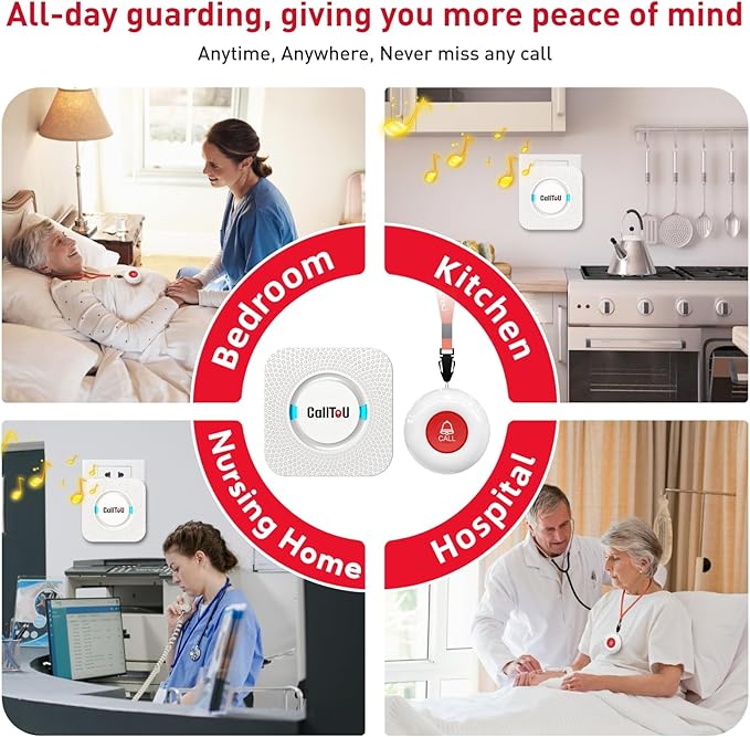 CallToU Wireless Caregiver Pager Smart Call System 2 SOS Call Buttons/Transmitters 2 Receivers Nurse Calling Alert Patient Help System for Home/Personal Attention Pager 500+Feet Plugin Receiver