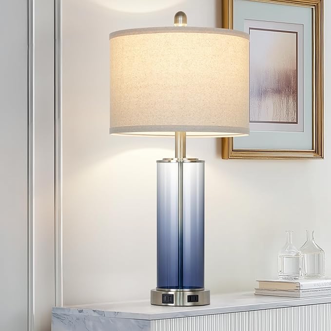 26 Inch Blue Glass Lamp Single, 3-Way Dimmable Touch Control Coastal Bedroom Table Lamp with USB C+A Ports & AC Outlet, Bed Side Lamps for Nightstand, Living Room Lamps for Side Table Office