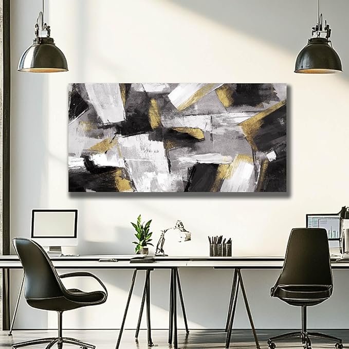SOUGUAN Black and Gold Block Canvas Art Modern Wall Decor for Living Room Abstract Wall Art White Painting 24x48 Inch Office Hanging Artwork