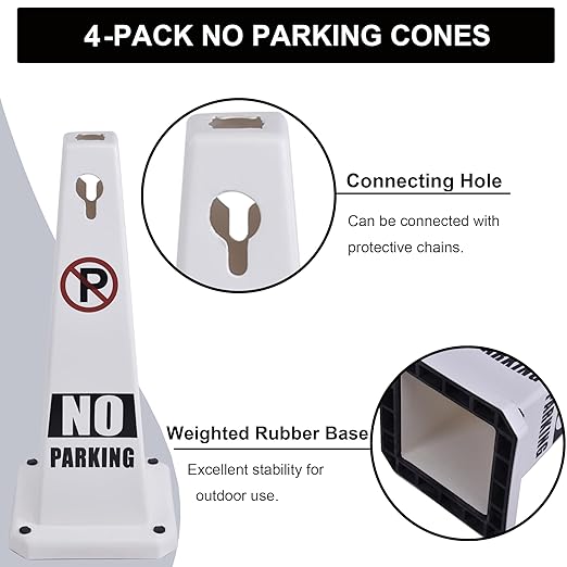 OrangeStar No Parking Cones 4-Pack, 26.5" Large 4-Sided Traffic Cones with Heavy Rubber Base for Parking Lot Control, Safety, Driveway | Indoor Outdoor Use