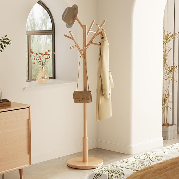 Coat Rack,Solid Wood Coat Rack Freestanding with 12 Hooks,Coat tree freestanding 3 Adjustable Heights for coat, Hats, Handbags，Coat Stand for Entryway,Bedroom (Natural)