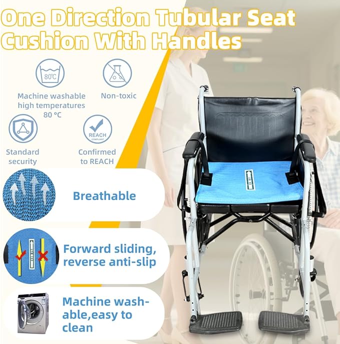 One Way Transfer Support Cushion, Non Slip Tubular Pad for Fall Prevention in Chair & Wheelchair, Elderly/Disabled Assistance, 17"x17"(Blue-with Handles)