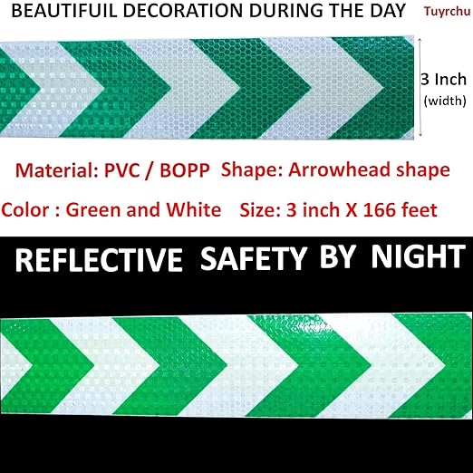 Green and White Reflective Tape Outdoor Waterproof 3 inch X 166 feet, High Visibility Hazard Conspicuity Industrial Marking Tape