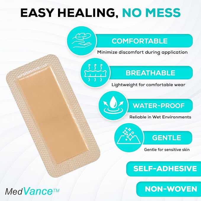 MedVance Bordered Adhesive Silicone Foam Dressing Pack of 5 - Waterproof Silicone Pad - Easy Apply & Remove Sterile Bandages - Wound Care & Dressings for Burns & More (4”X8” Bandage, 2.4"x 6.4" Pad)