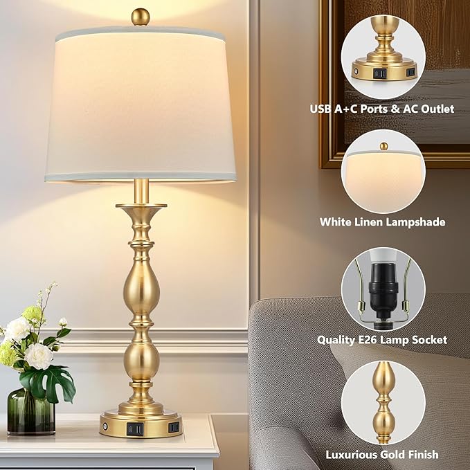 28" Tall Modern Table Lamps Set of 2 with USB A+C Ports and AC Outlet, 3 Way Touch Metal Bedside Lamps for Bedroom, Gold Farmhouse Nightstand Lamps for Living Room