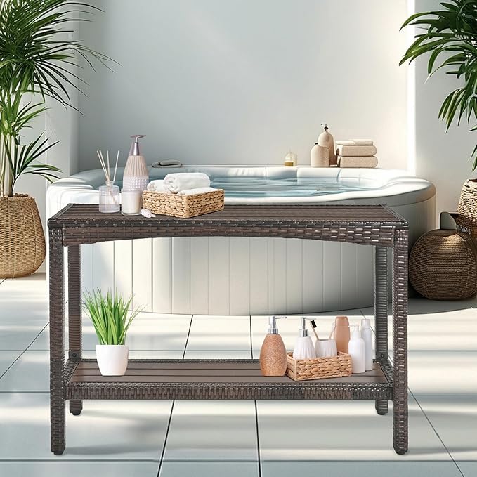 Outdoor Console Table Patio Buffet Bar Storage Organizer 45" Long Wicker Sofa Serving Sideboard Table 2-Shelf Outdoor Bar Table Tall Rectangle Narrow with Adjustable Feet for Entryway Balcony Brown