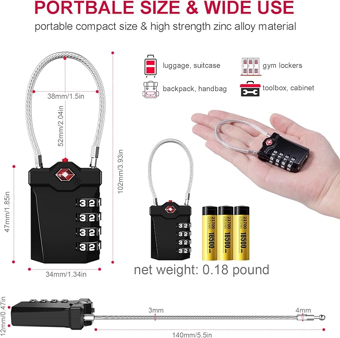 ZHEGE TSA Approved Locks for Luggage, Cable Locks with White Number, 4 Digit Combination Locks with Inspection Indicator for Suitcase, Backpack, Baggage, Code Padlocks for Locker (2 Pack, Black)