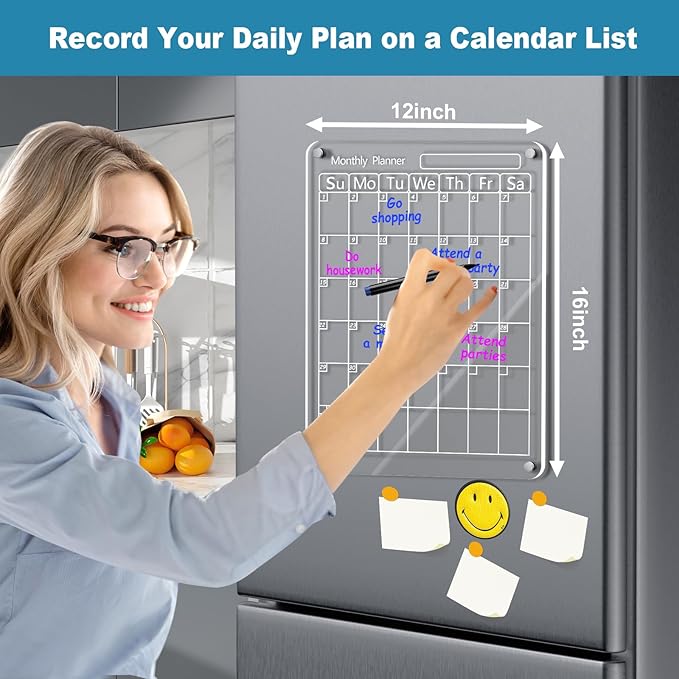 Acrylic Magnetic Calendar for Fridge, 16"x12" Inches Clear Acrylic Magnetic Dry Erase Planning Board of Monthly Calendar for Refrigerator with 6 Colored Markers